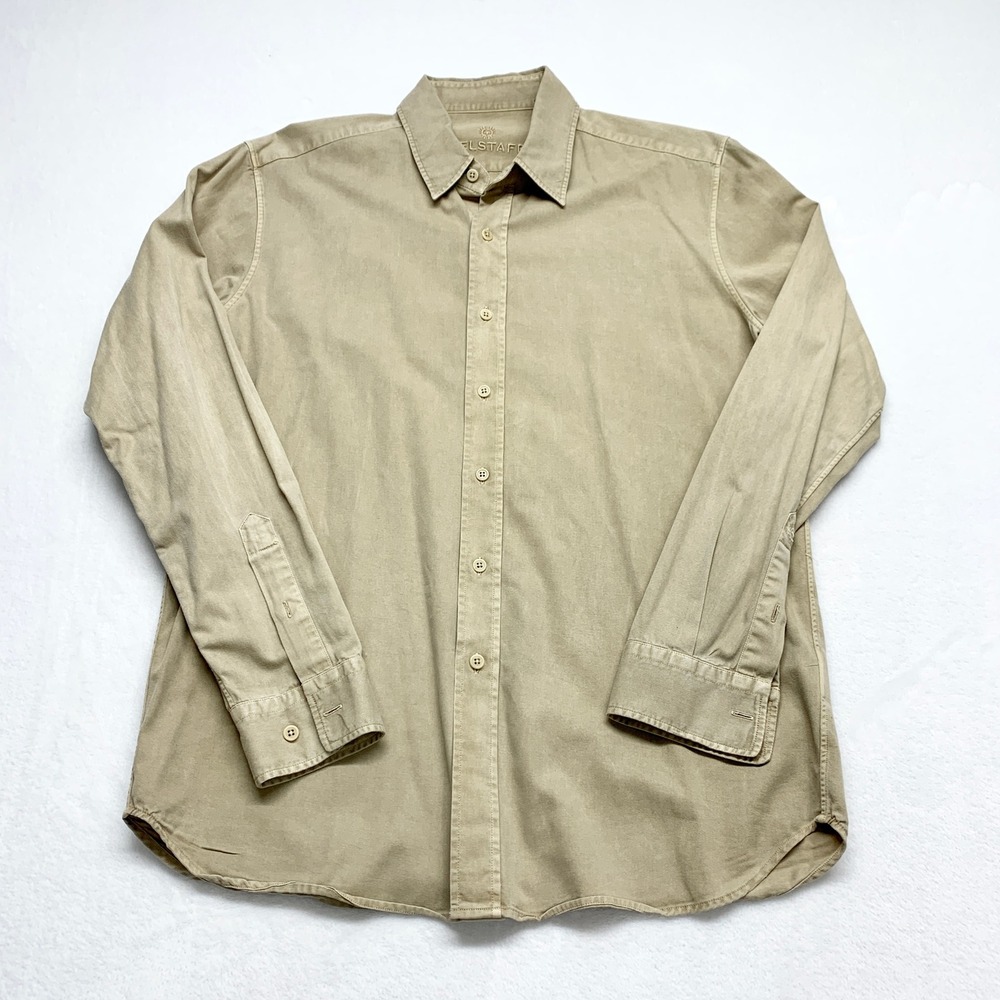 Belstaff Button Down Shirt Mens L Tan Twill Cotton Long Sleeve Designer Luxury